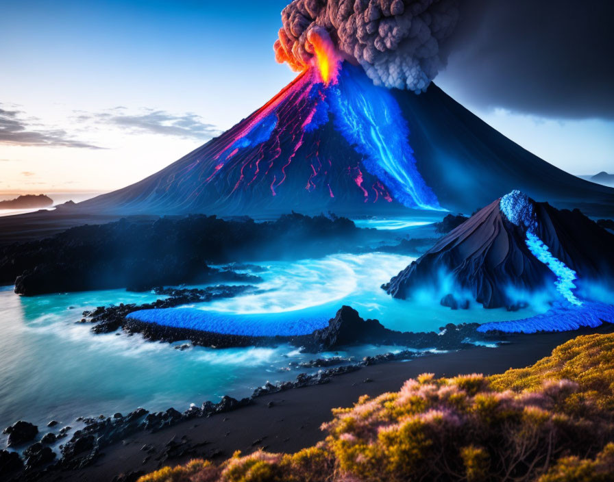 Twilight volcanic eruption with glowing lava streams and ocean steam