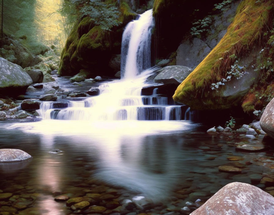 Tranquil forest stream with serene waterfall