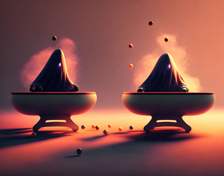 Futuristic cone-shaped objects with smoke in bowls on orange gradient background