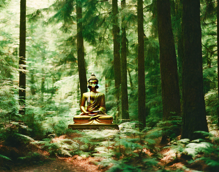 Golden Buddha Statue in Lush Green Forest