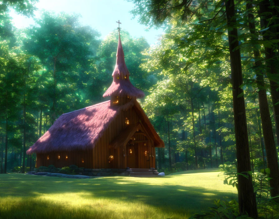 Wooden church with purple roof in serene forest clearing