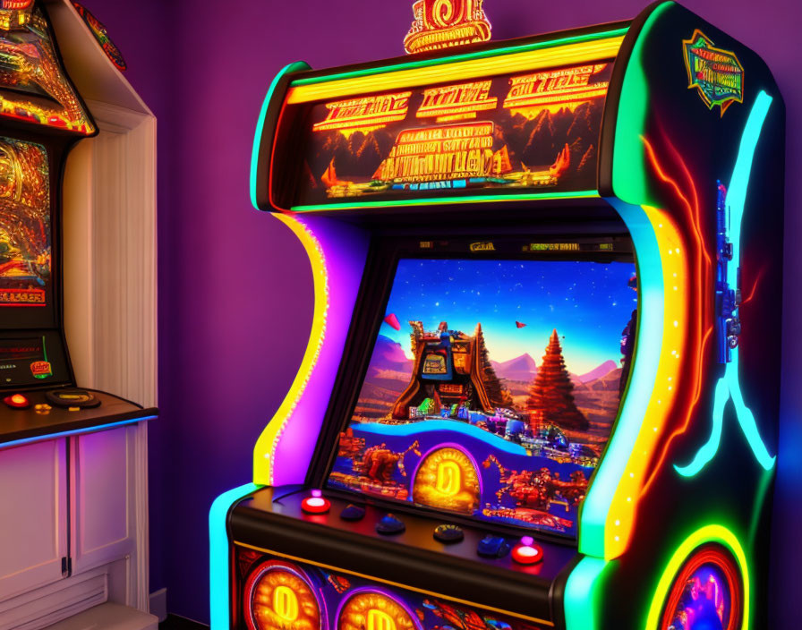 Colorful Neon-Lit Arcade Machine in Dimly Lit Room