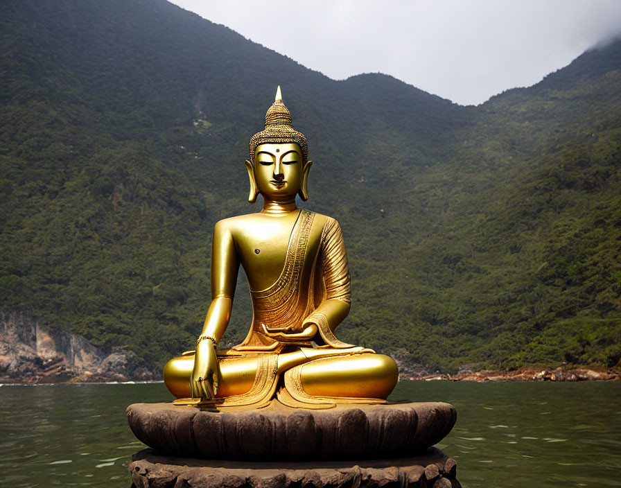 Golden Buddha Statue in Lotus Position with Misty Mountains