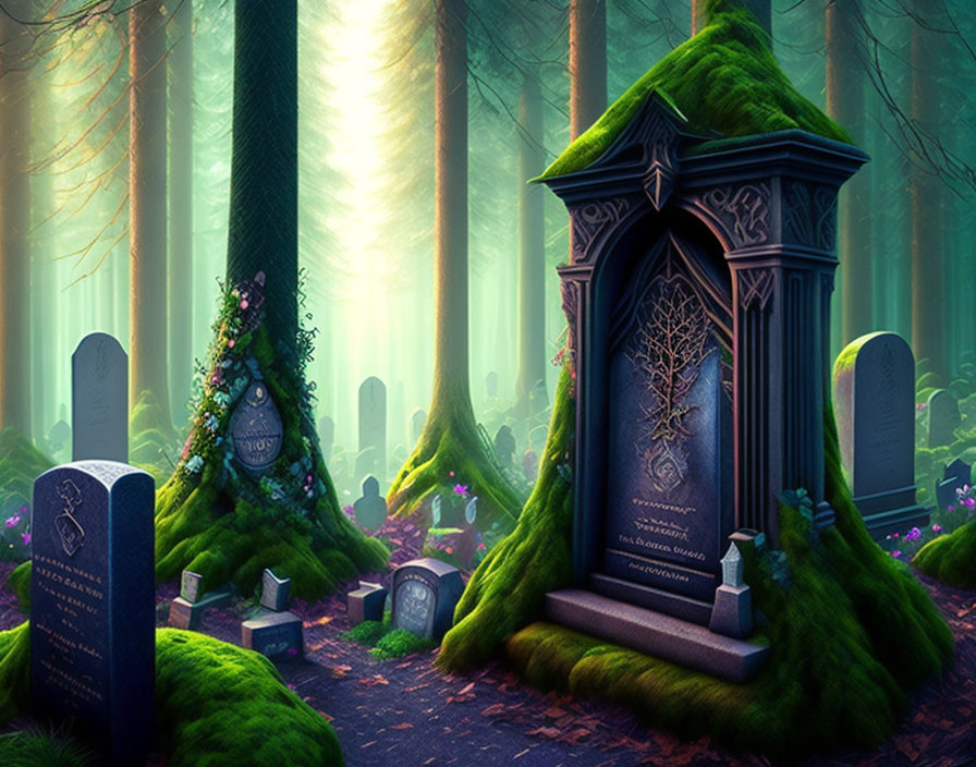 Ethereal Light Illuminates Mystical Forest Cemetery