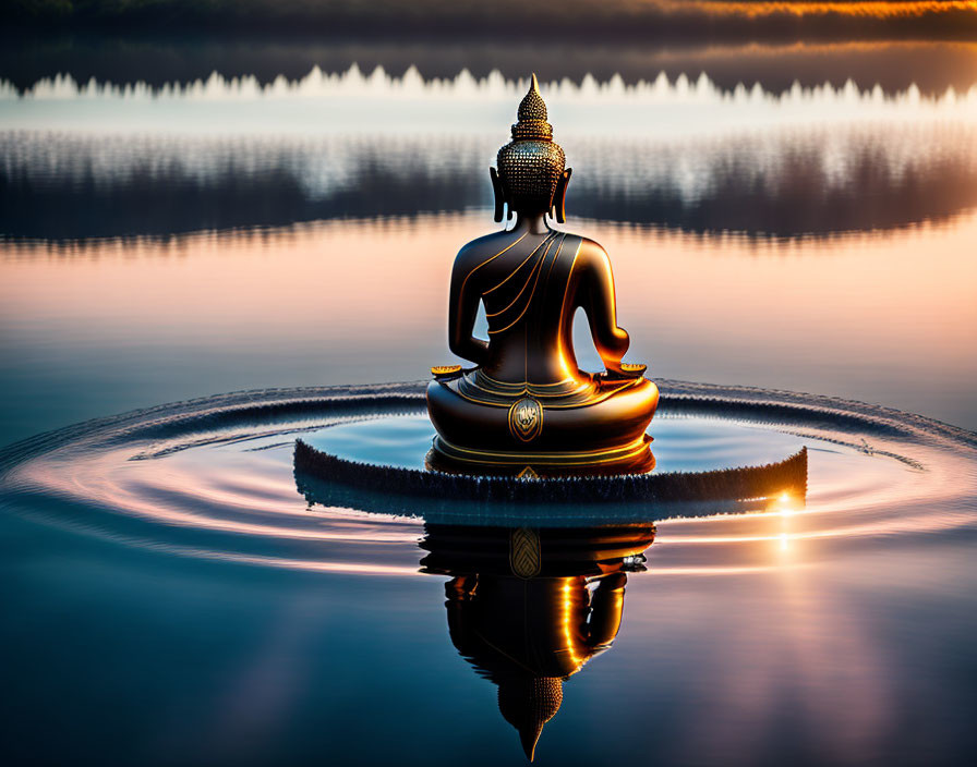 Buddha statue in meditation reflected on calm water at sunrise or sunset