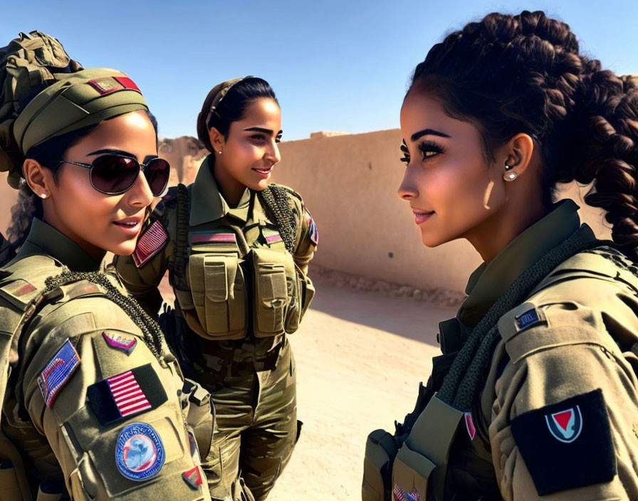 Three women in military uniforms conversing in desert setting