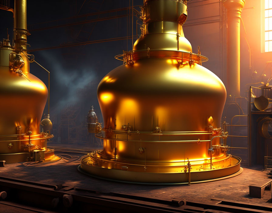 Gold-colored illuminated distillation tanks in industrial setting