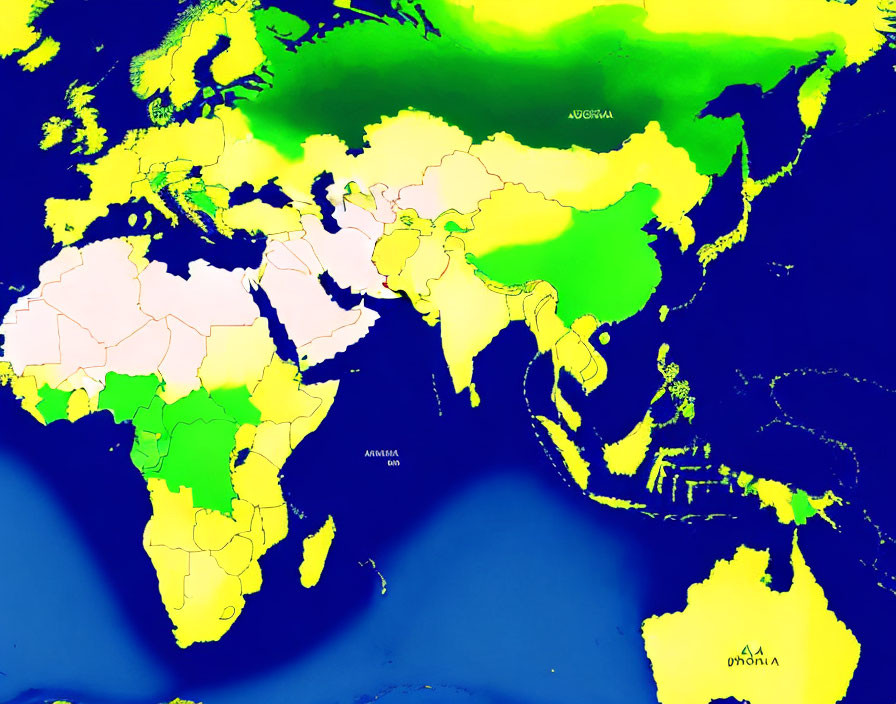 Color-coded world map with bright yellow land and shades of blue oceans