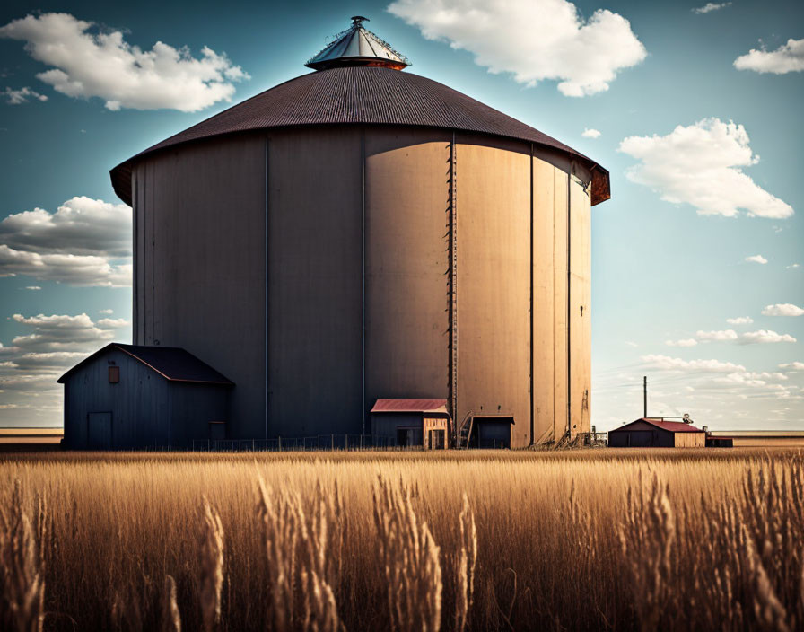 Tall circular grain silo in cloudy sky landscape