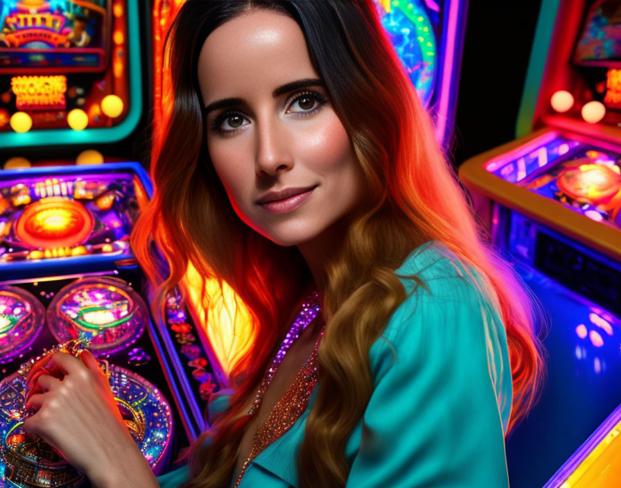 Woman in Blue Dress Smiling by Neon Casino Slot Machines