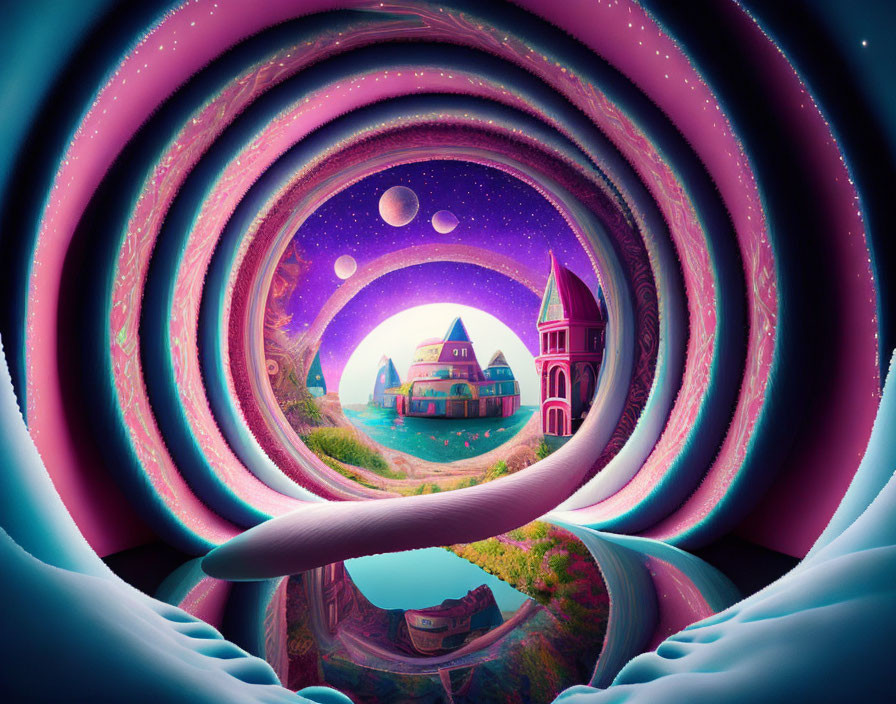 Surreal landscape with pink and blue rings leading to fantasy village under cosmic sky