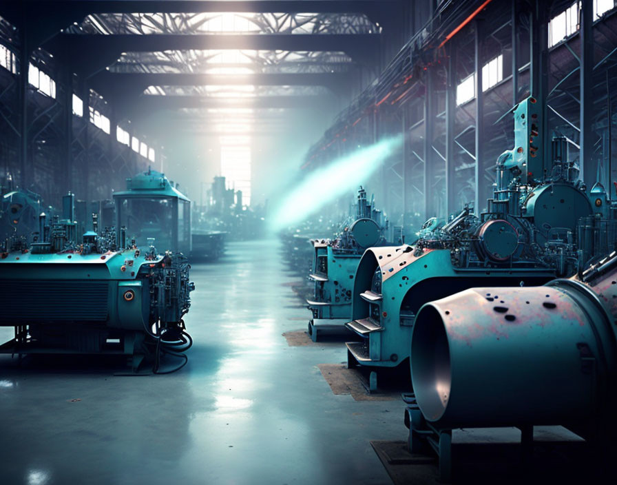 Large machines and blue lighting in industrial facility interior