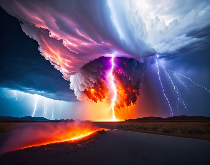 Dramatic supercell storm with lightning strikes and fiery explosion