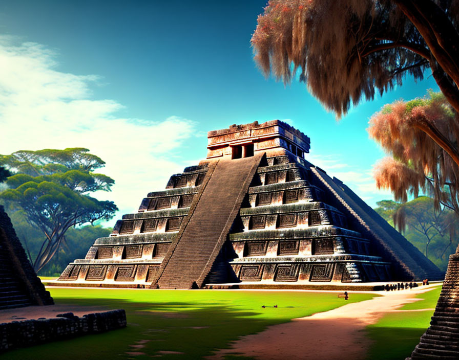 Stepped pyramid with staircase in lush landscape under blue sky.