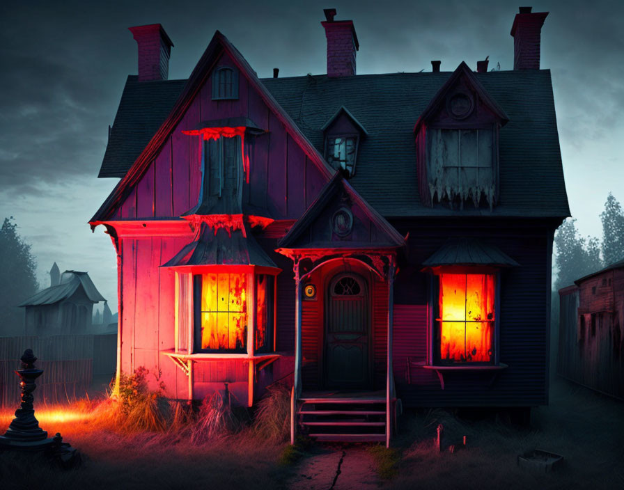 Eerie two-story house with red glowing windows and overgrown grass