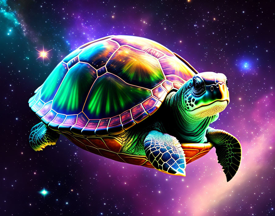 Colorful Turtle Floating in Space Among Stars and Nebulas