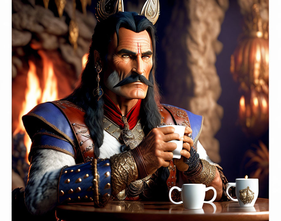 Medieval knight character with mug in 3D-rendered image