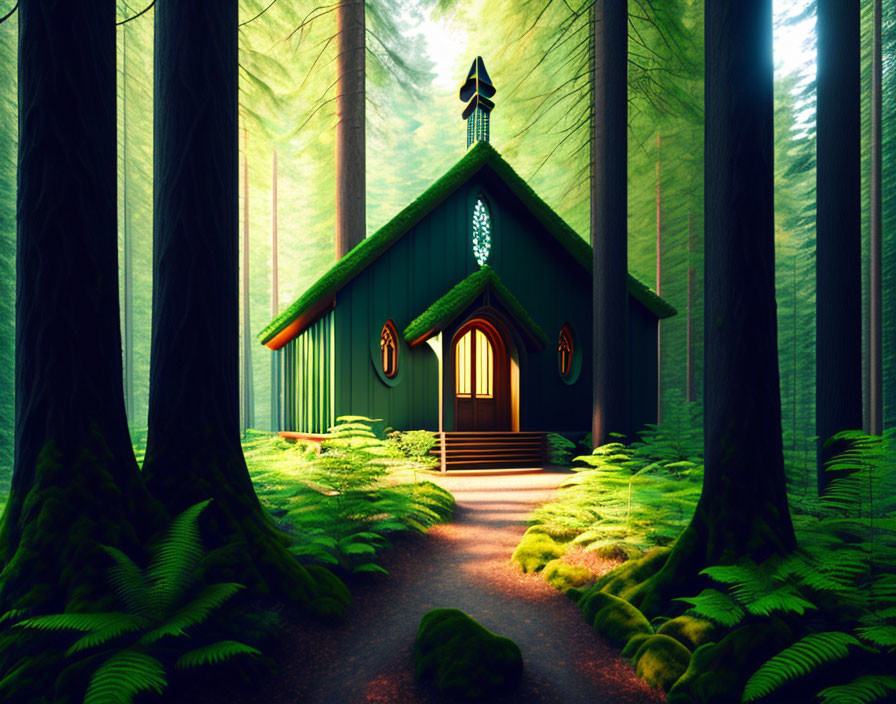 Green chapel with pointed steeple in dense forest under soft sunlight