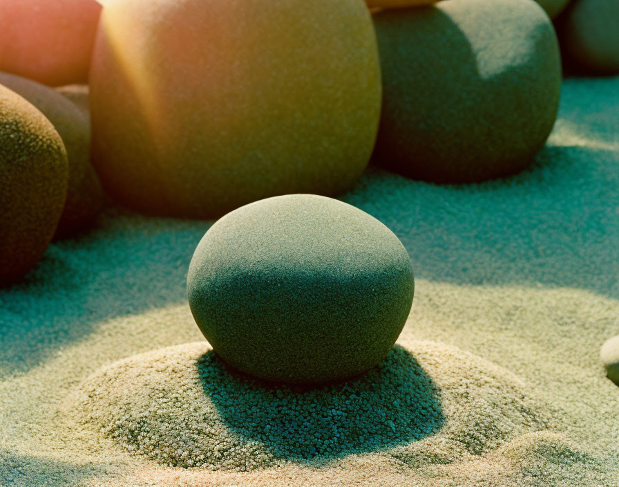 Smooth Round Stones on Fine Sand under Warm Sunlight