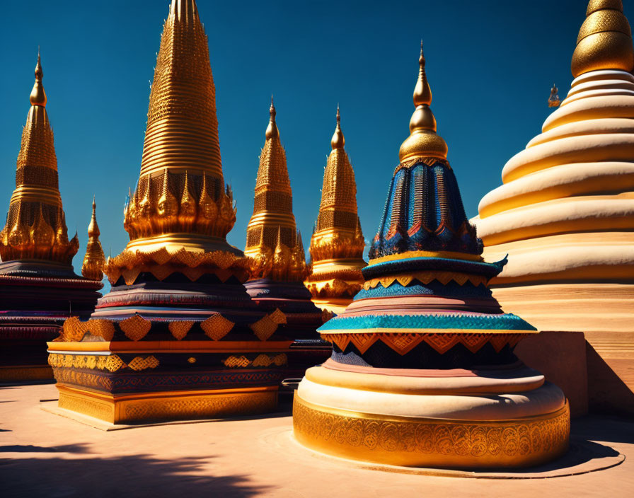 Golden and Multi-Colored Pagodas with Traditional Designs