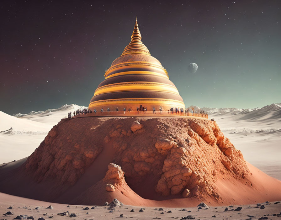 Surreal desert landscape with golden pagoda and crescent moon