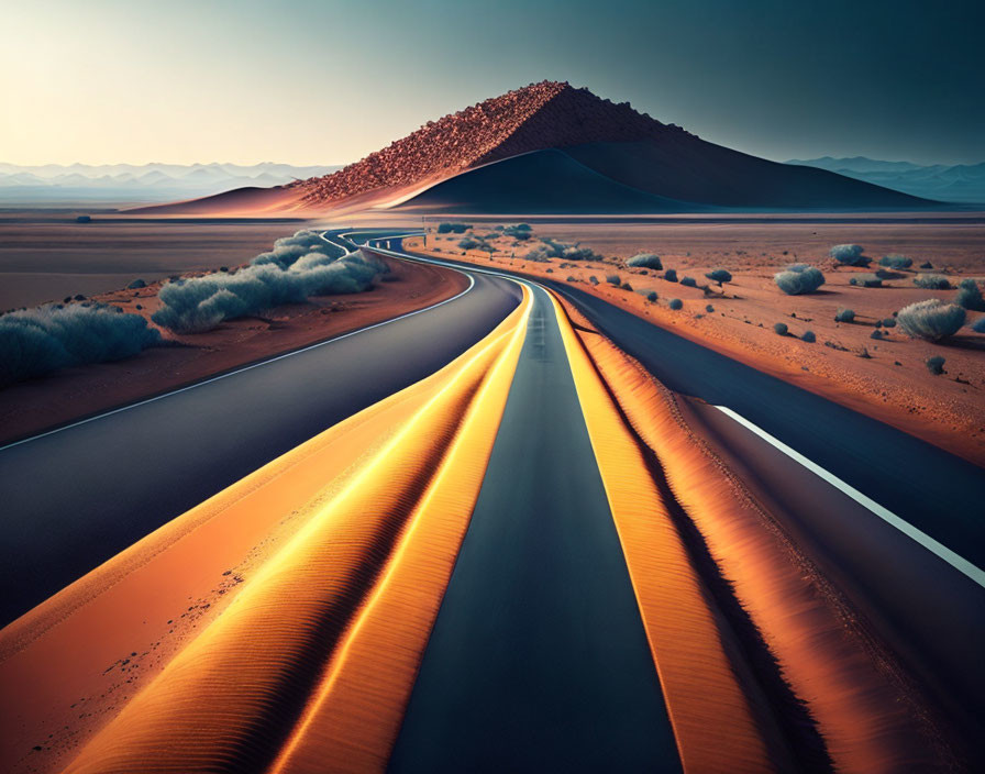 Desert landscape with winding road and orange sand dunes at twilight