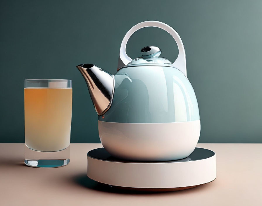 Blue and White Electric Kettle with Amber Drink on Grey Background