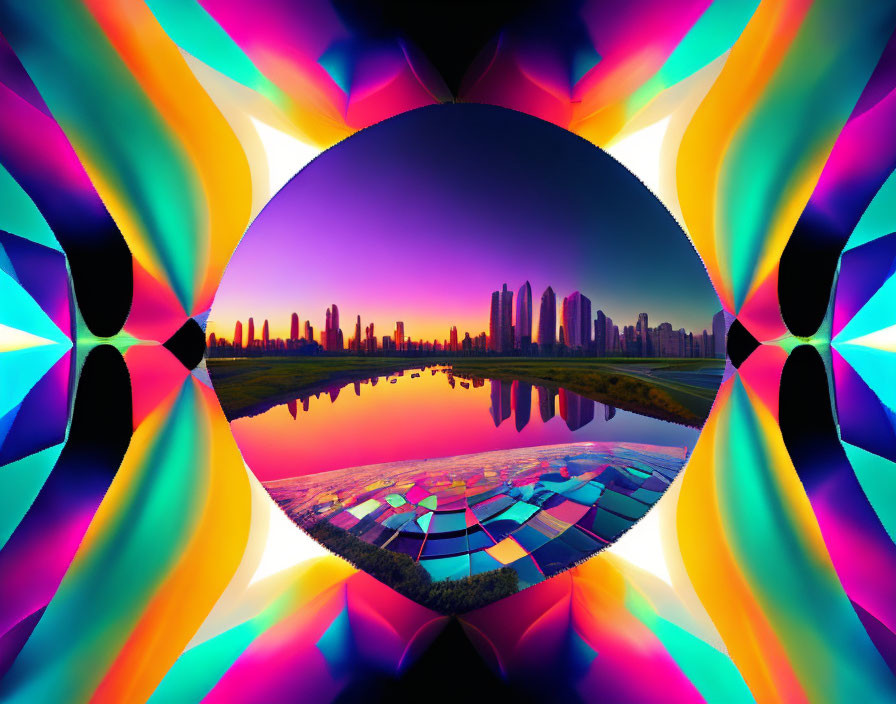 City skyline reflected on water with kaleidoscope effect