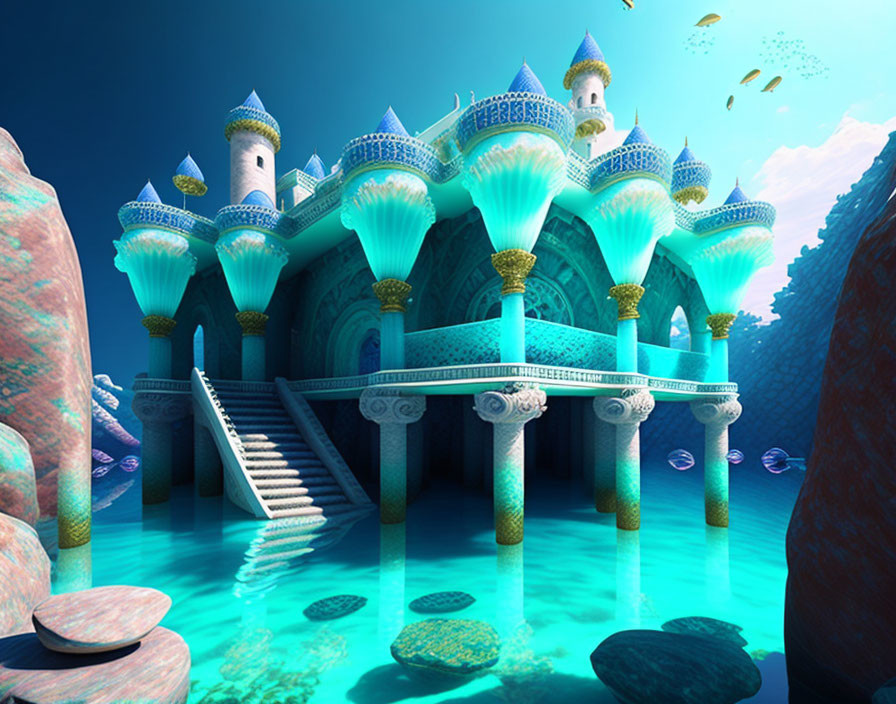 Enchanting underwater palace with blue domes and marine life.