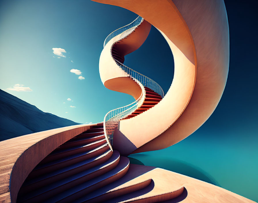 Futuristic spiral staircase against blue sky and sand dunes