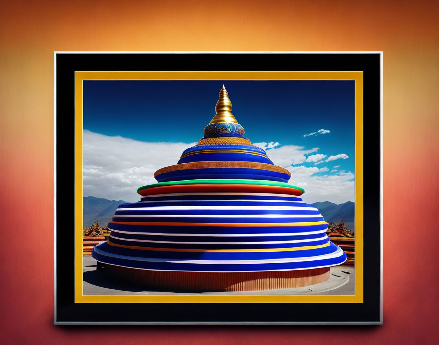 Colorful Striped Stupa with Gold Spire Framed Against Mountain and Orange Sky