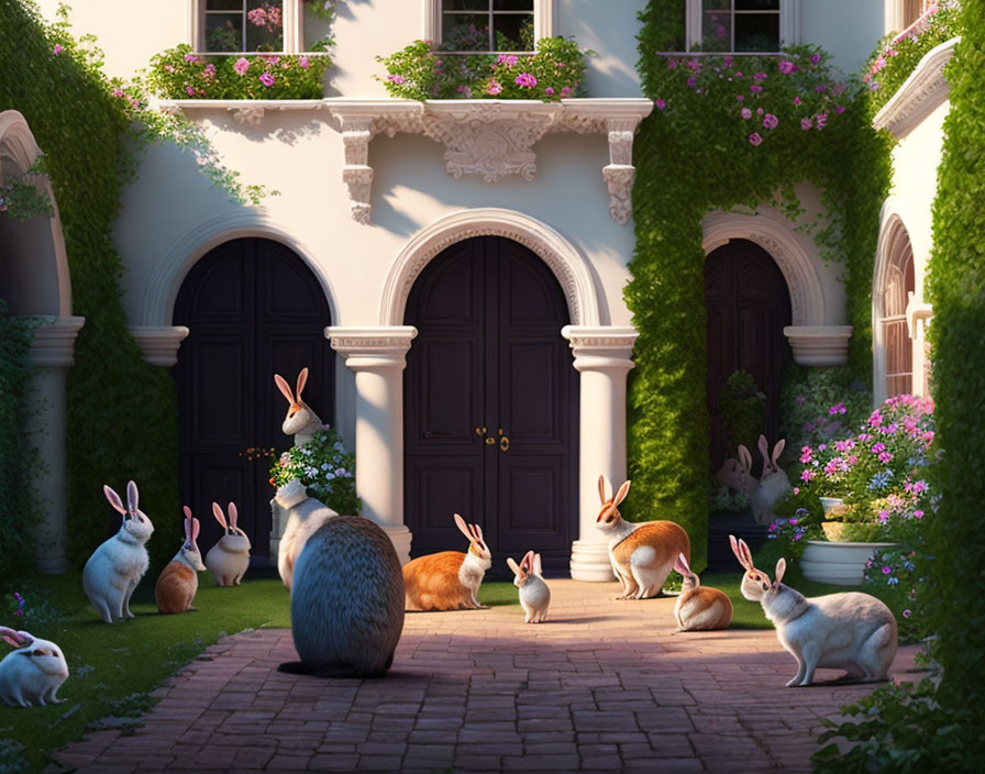 Whimsical rabbit gathering outside elegant house with lush greenery