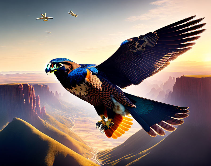 Majestic bird of prey soaring over canyon at sunset