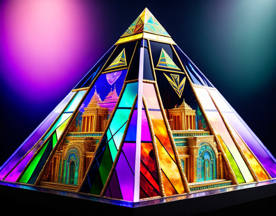 Colorful Pyramid with Golden Patterns on Reflective Surfaces