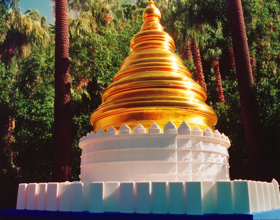 Golden Pagoda and Palm Trees Under Clear Blue Sky