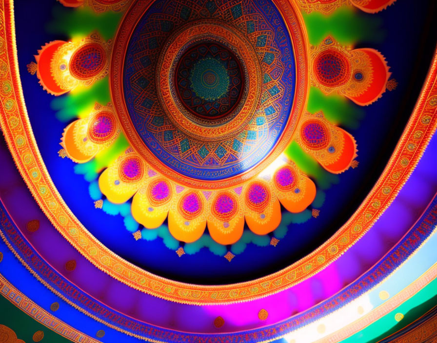 Colorful Fractal Art with Warm Orange and Red Patterns on Deep Blue Background