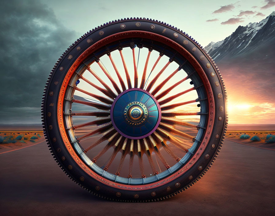 Giant surreal wheel in desert at sunset with intricate design