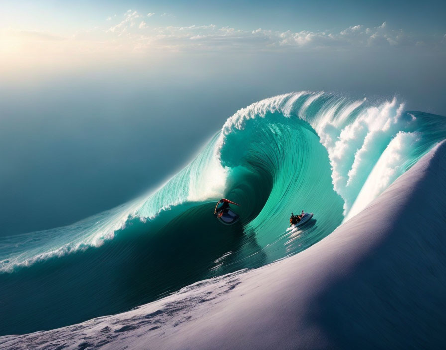 Surfer riding massive wave with jet ski in sunlit ocean