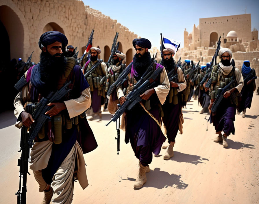 Armed men in traditional attire walking in desert with ancient mud brick structures