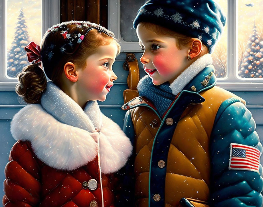 Animated children in winter attire by snowy window share a close moment