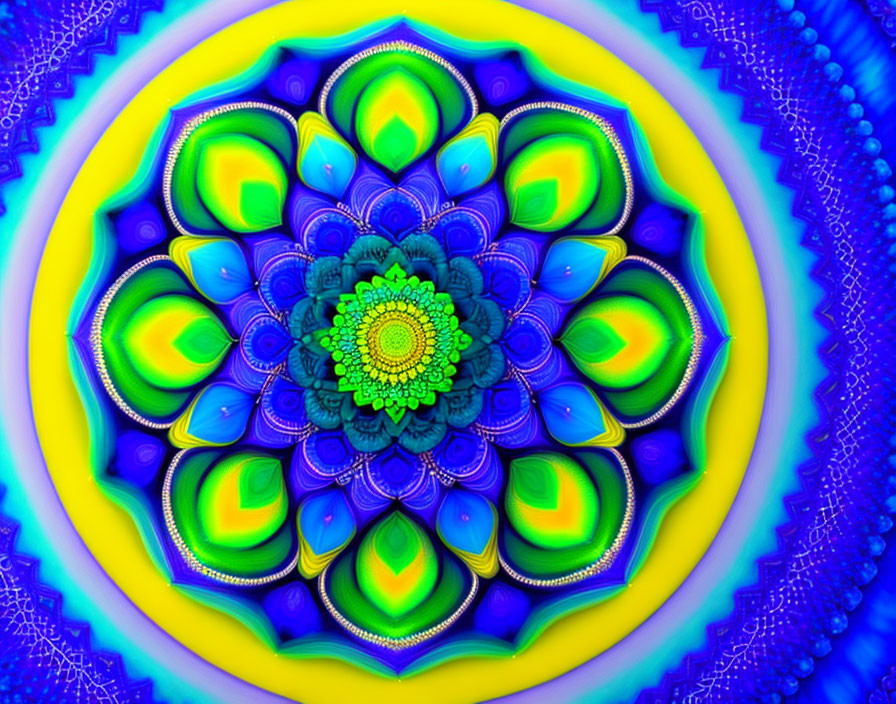 Colorful Symmetrical Flower Fractal Art in Blues, Greens, and Yellows