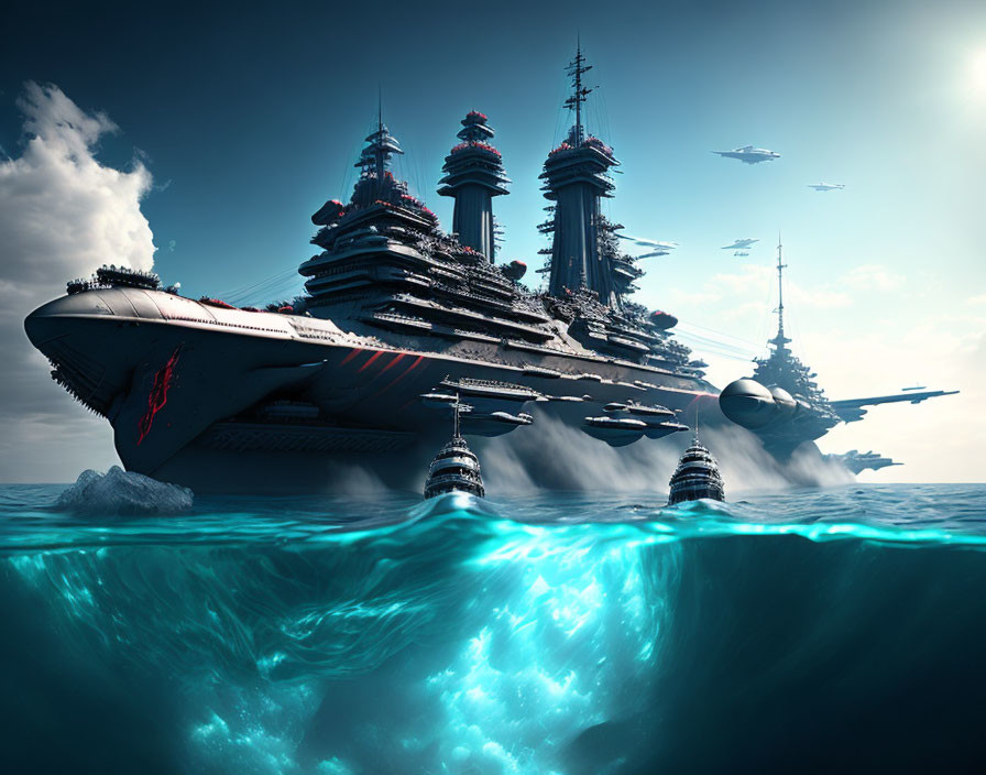 Futuristic battleship with multiple turrets on tranquil ocean