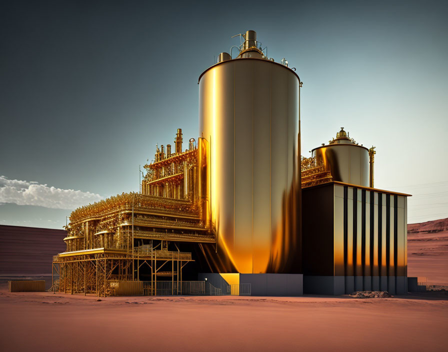 Futuristic golden facility with silos in desert setting