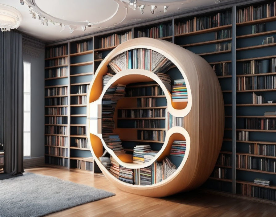 Circular Bookshelf Embedded in Wall of Books in Modern Home Library