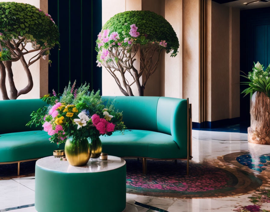 Luxurious lobby with green sofas, topiary trees, flowers, gold table, and blue-ac