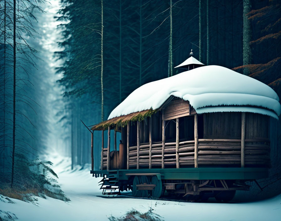 Snow-covered yurt beside forest path in misty backdrop