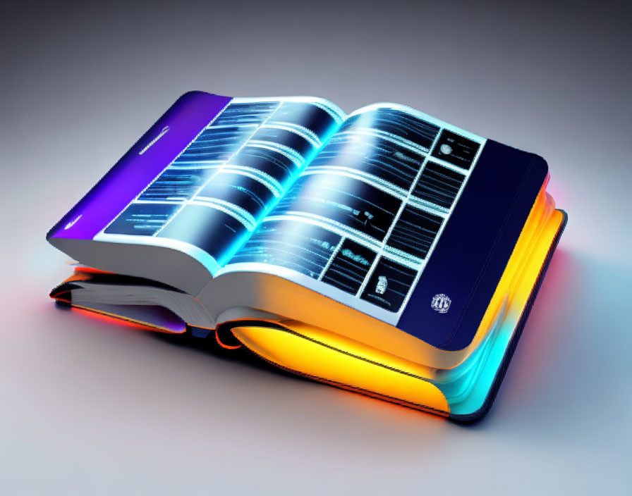 Glowing book with digital screens displaying data for traditional and digital knowledge blend