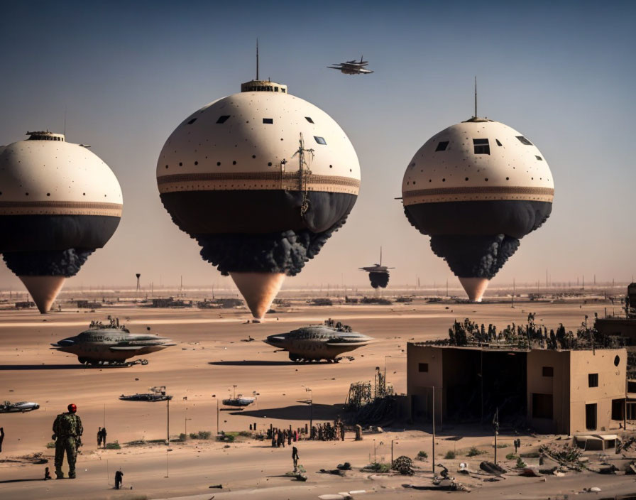 Futuristic spherical structures above desert military base aircraft and personnel.