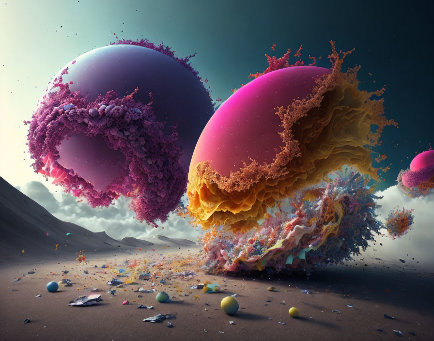 Vibrant surreal landscape with exploding spheres on desert terrain