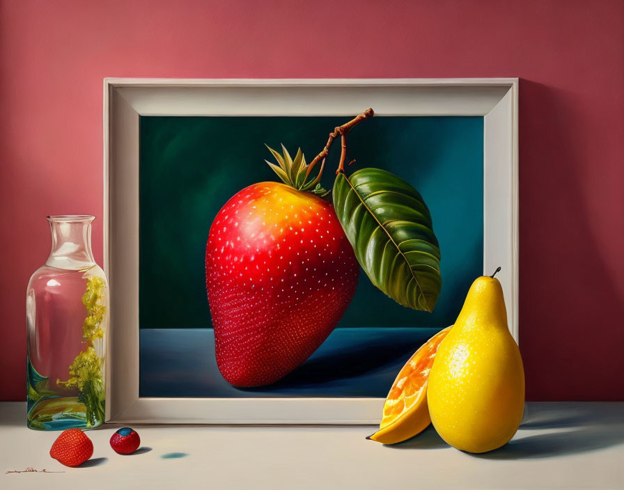 Hyper-realistic painting of large strawberry, cut pear, flowers in bottle, and red marble.